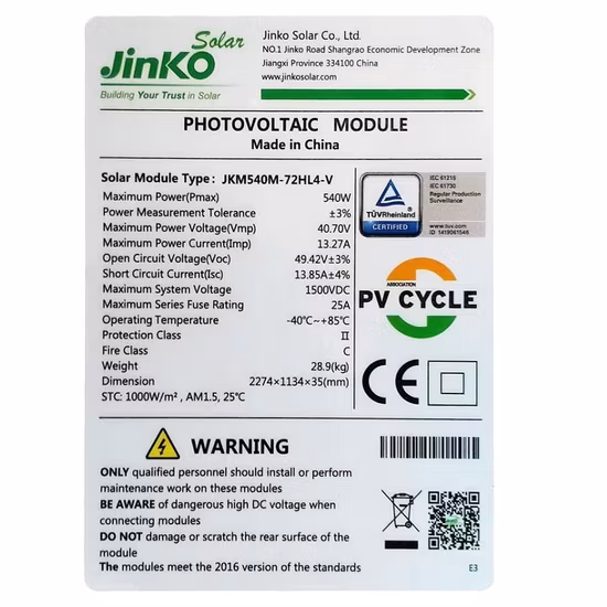 Jinko Panel Solar 540W 고효율 하프 컷 모노 하우스 태양광 패널